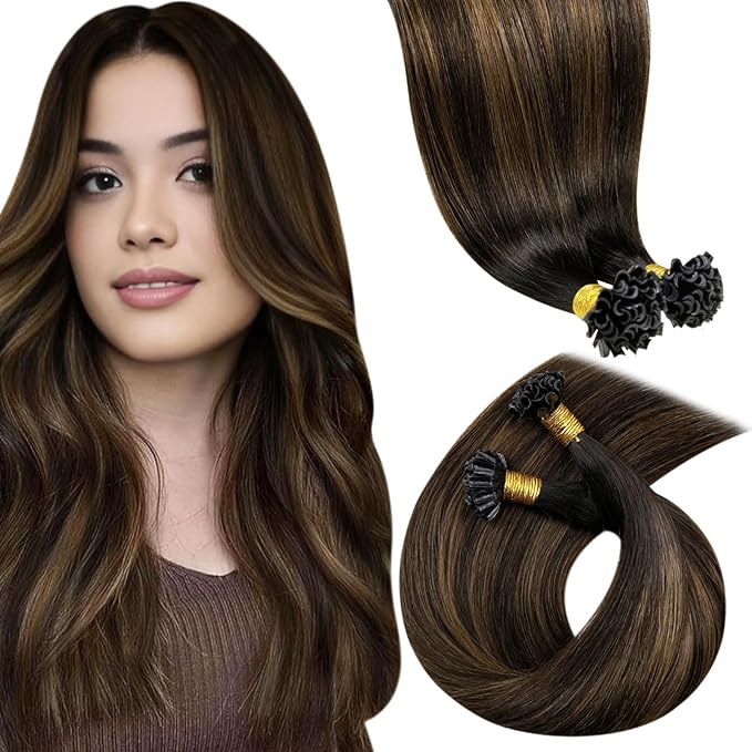 LaaVoo Ktip Hair Extensions Utip Human Hair Extensions Balayage Dark Brown to Medium Brown 14 Inch 50g 50s