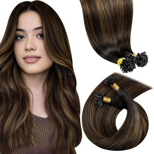LaaVoo Ktip Hair Extensions Utip Human Hair Extensions Balayage Dark Brown to Medium Brown 14 Inch 50g 50s