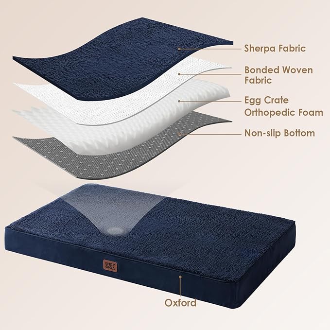 EHEYCIGA Orthopedic Dog Bed with Removable Washable Cover, Navy, 30x20 | Egg Crate Foam Support, Durable Oxford fabric, Non-Slip Bottom, Machine Washable, Soft Waterproof Plush Pet Bed Mat For Crate