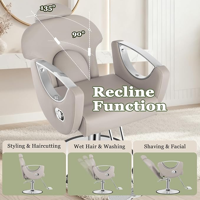 Reclining Salon Hair Chair, Barber Styling Chair for Hair Stylist, 360° Swivel Height Adjustable Hair Braiding Hairdresser Chairs, Beauty Spa Equipment for Barbershop, Gray Silver