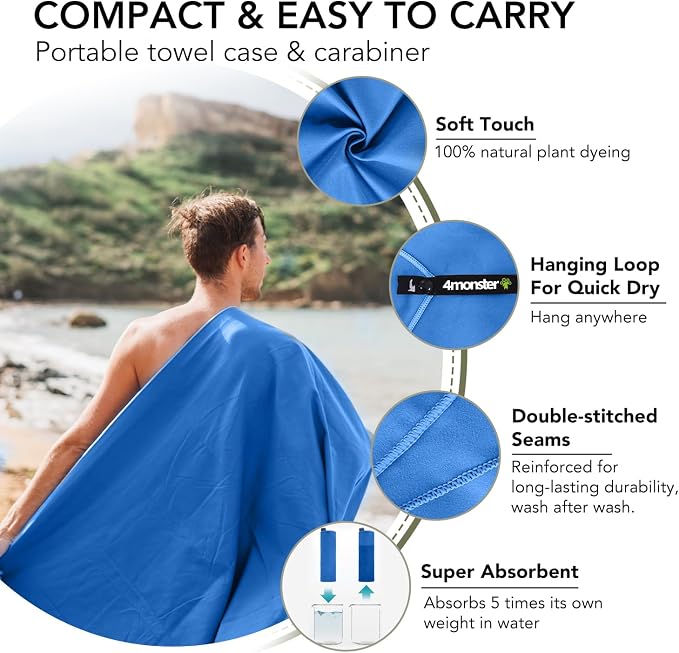 4Monster Quick Dry Travel Towel with Case & Carabiner – Super Absorbent Microfiber Gym & Camping Towel. Compact, Lightweight, Fast Drying for Beach, Swimming, Hiking, Backpacking