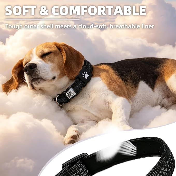 PUPTECK Airtag Dog Collar, Reflective with QR Code Buckle, Waterproof AirTag Holder Outdoor Tracking Pet Collars, Adjustable Soft Padded Durable for Small Medium Large Dogs Walking Training, Black L
