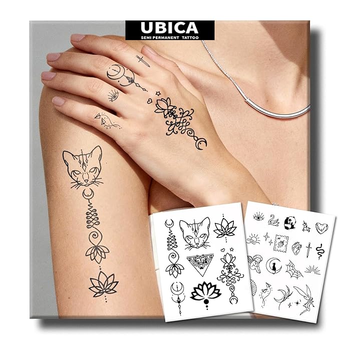 Semi Permanent Tattoos, 2 Sheets Tiny Cute Cat Panda Fairy Lotus Moon Temporary Tattoos for Women Fingers Neck Hand Ankle, 2 Weeks Fake Tattoos, Waterproof & Non-Reflective