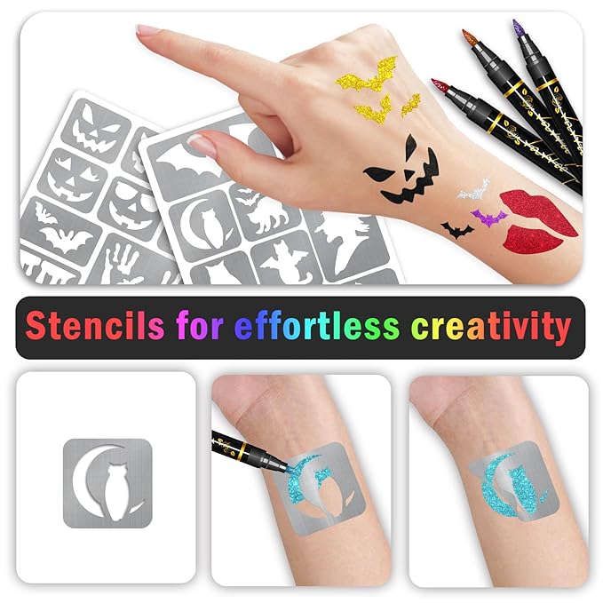 Temporary Tattoo Markers, 12 Metallic Markers and 135 Halloween Tattoo Stencil Designs, Cosmetic Tattoos Pens for Halloween Party Faovr