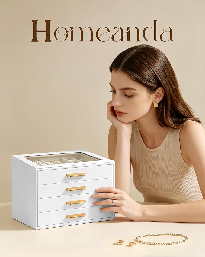 Homeanda Jewelry Boxes Organizer with Glass Lid, 4-Layer PU Leather, White | Modern style display case with 4 drawers for daily jewelry, women, mom or girl gift