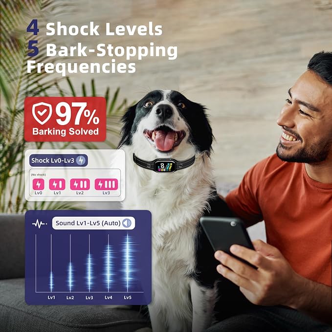 [2025 New Tech] Smart Bark Collar with Bark Tracking for Large Medium Small Dogs 8-130lbs, Rechargeable Anti Barking Training Collar with 9 Adjustable Sensitivity & 4 Shock Levels