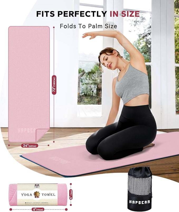 HAPBEAR Hot Yoga Towel with Non-Slip Grip Dots, 72" x 24" - Super Absorbent, Soft Microfiber Yoga Mat Towel for Bikram, Gym, Pilates - Pink