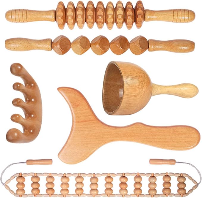 Wood Therapy Massage Tools Maderoterapia Kit Body Sculpting Tools for Lymphatic Drainage and Anti-Cellulite .Wood Massager Roller Rpoe for Back and Muscle Pain Relief (Medium)
