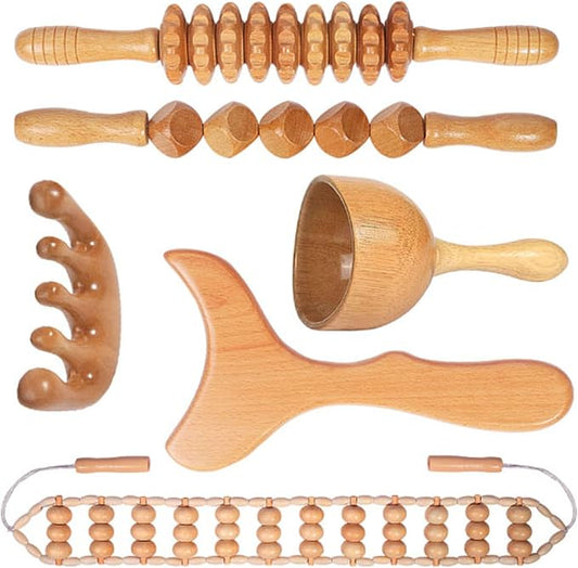 Wood Therapy Massage Tools Maderoterapia Kit Body Sculpting Tools for Lymphatic Drainage and Anti-Cellulite .Wood Massager Roller Rpoe for Back and Muscle Pain Relief (Medium)