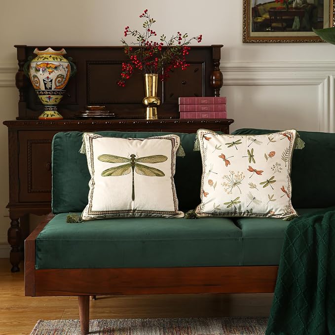 Designer French Velvet Throw Pillow Cover,18"x18" Set of 2-Grace C | Pillow Cover,Concealed Zipper Design,Dragonfly Pattern,Sofas,Bedroom,Living Room,Lounge Chairs,All Season Home Decor