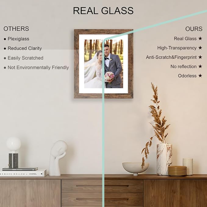 Hongkee 10x12 Picture Frame Set of 4, Made of Real Glass and Rustic Brown Frame - Display Picture 8x10 with Mat or 10x12 Without Mat, 10 by 12 Photo for Wall Mounting