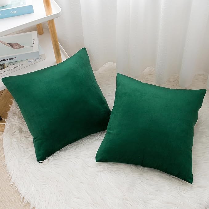 Velvet Decorative Throw Pillow Covers, Soft Square Cushion Case Home Decor for Living Room Couch Bed Sofa, Set of 2 Pack, Christmas Green, 18x18 Inch