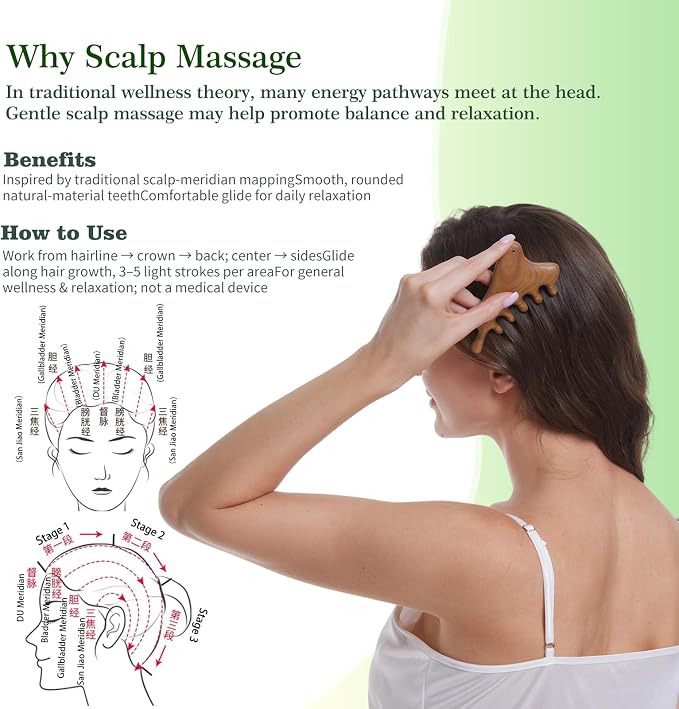 4-in-1 100% Green Sandalwood Massage Comb & Gua Sha Tool | 100% green sandalwood; 4-in-1 wooden scalp massager with smooth rounded edges; gift box, storage pouch and cord included