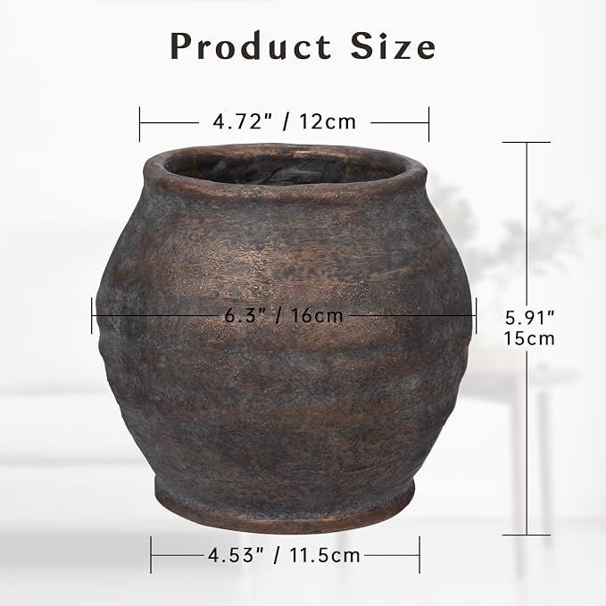 Briful Rustic Vintage Ceramic Pottery Vase, 6.1'' Farmhouse Table Decor with Distressed Texture, Wide Mouth Decorative Jar Vases for Home Decor, Shelf & Entryway, Brown