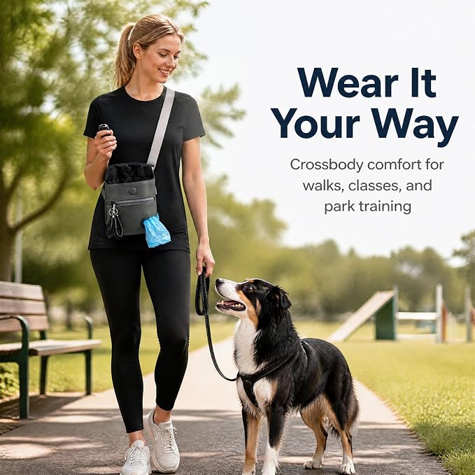 Dog Treat Pouch and Dog Training Clicker, Waterproof Dog Training Treat Bag with Magnetic Closure, Poop Bag Dispenser, Adjustable Waist Belt and Shoulder Strap