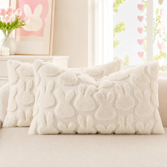 decorUhome Beige Faux Fur Bunny Throw Pillow Covers 12x20 Set of 2 | Plush Soft Wool Jacquard Beige Rabbit Cushion Covers, Modern Farmhouse Easter Holiday Decor PillowCases for Sofa Bed