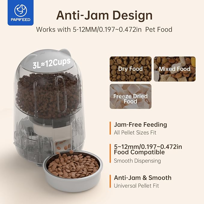 PAPIFEED Automatic Cat Feeder, Smart WiFi App Control Pet Feeder 2.4GHz, 3L Auto Food Dispenser for Cats & Small Dogs, Timed Feeding, Portion Control, Dual Power Supply, Easy Clean, Grey