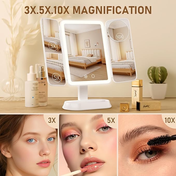 FRANO Tri-Fold Makeup Mirror with Lights, Rechargeable Mirror with 2X/3X/10X Magnification, Portable Vanity Mirror with for Travel/Desk, Gifts for Women Her