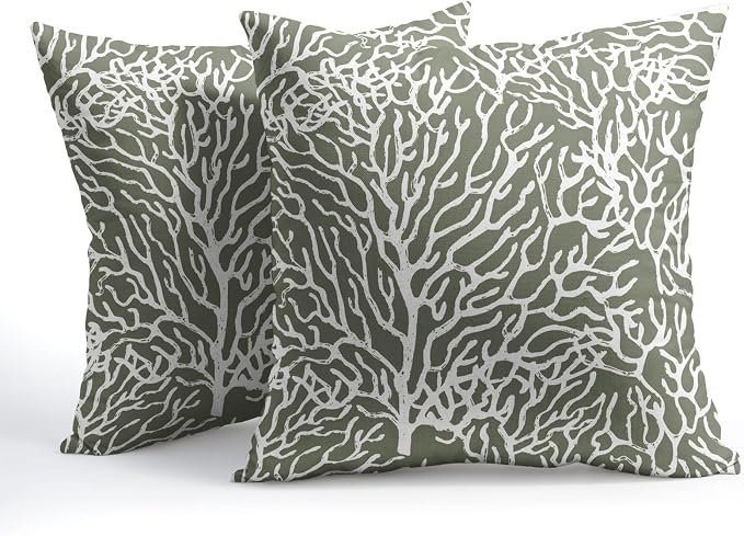 Nautical Coastal Coral Pillow Covers 16x16 Inch Set of 2 Summer Ocean Beach Sage Green Decorative Pillow Cases Outdoor Linen Cushion Cover Farmhouse Decor for Bedroom Home Sofa Couch Bed
