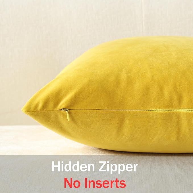 Euro Sham Covers 24x24 Yellow: Pack of 2 Cozy Soft Velvet Square Modern Luxury Decorative Throw Pillow Cases for Sofa Couch Living Room Bed Home Decor