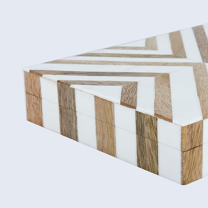 Handicrafts Home White Decorative Storage Box with Lid Wooden Desk Organizer Box Office Storage Box for Workspace Desk Decor Organizer – Resin Inlay Marquet Chevron Collection - 6x8x1.5