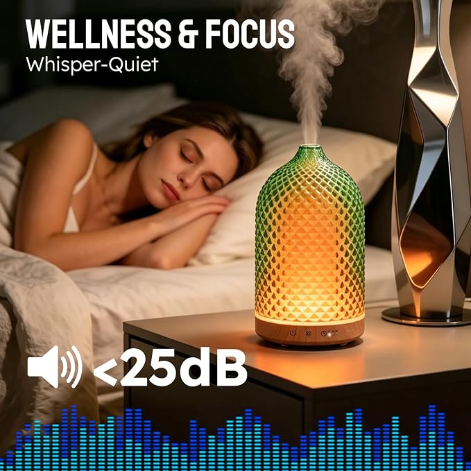 Essential Oil Diffuser, 3D Diamond Glass Aromatherapy Diffuser with Ultrasonic Cool Mist, 7 Color LED Lights, 1/2/4H Timer, Quiet Auto Shut-Off Oil Diffuser for Bedroom, Home, Office (Green)