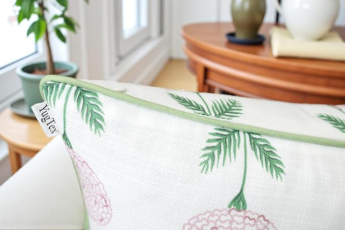 Marigold Floral Print 12x20 Lumbar Pillow Cover, Pink | Pink marigold floral on white slub, green piping; both sides printed; hidden zip; oblong, cover only