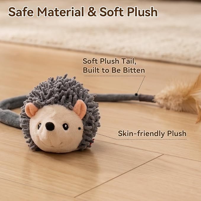 Migipaws Interactive Hedgehog Cat Toy 360° Rolling & Spin with Soft Plush Tail for Indoor Cats Smart Motion Sensor, Realistic Squeak, Rechargeable Plush Kitten Toy (Grey)