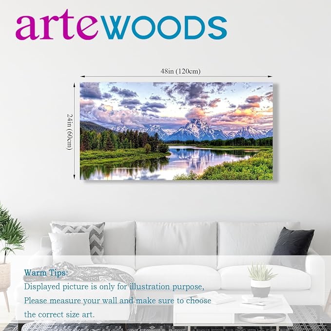 arteWOODS Landscape Canvas Wall Art Nature Picture Oxbow Bend Grand Teton National Park Modern Canvas Artwork River and Forest Contemporary Wall Art Large Size for Home Office Decoration 24" x 48"