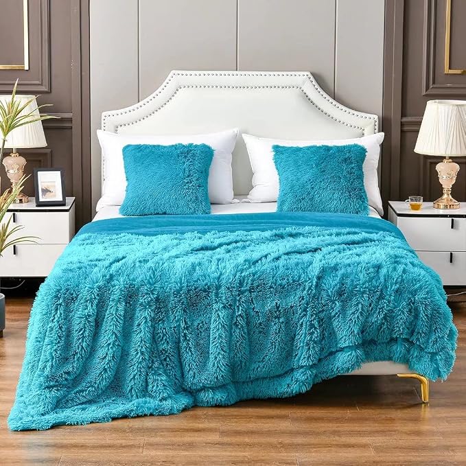YUSOKI Long Faux Fur King Size Blanket, Teal, 90" x 104" | Ultra Soft, Lightweight for All Season Use, stays fluffy after repeated washes, Perfect Gifts, Machine Washable