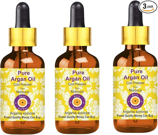 Deve Herbes Pure Argan (Moroccan) Oil (Argania spinosa) with Glass Dropper Cold Pressed (Pack of Three)100ml X 3 (10 oz)