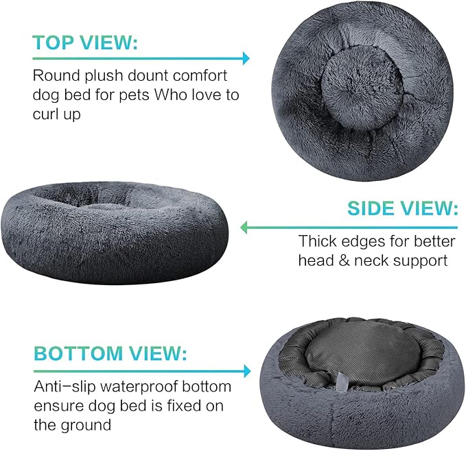 SAVFOX 20 inches Calming Donut Dog Bed - 3X Durable Plush Faux Fur, Machine Washable & Non-Slip, Fits up to 15 lbs, Dark Grey