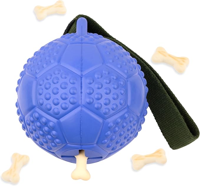 Fuzzl Eco Rubber Chuck & Treat Soccer Ball - Blue - Long Lasting Dog Chew Toys for Aggressive Chewers Strong Dog Toy for Dogs Durable Puppy Toys