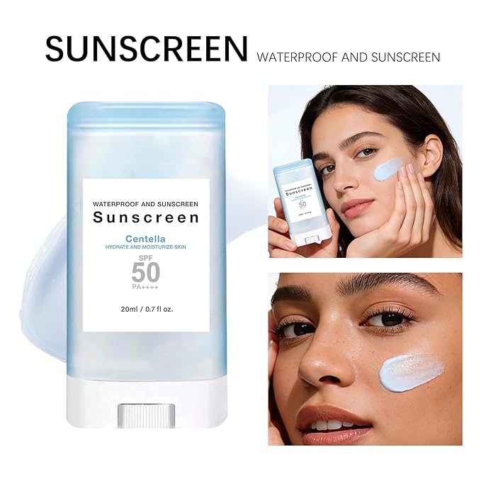 Suncream Stick with Centella SPF50+ PA++++ Moisturizing Sun Stick Waterproof Lightweight UVA UVB Protection Broad Spectrum Sunblock Sticks for Face and Body (1pc)