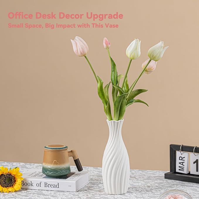 White Ceramic Vase with Swirl Texture - 10" Unique Flower Vase for Pampas Grass & Centerpieces, Decorative Boho/Farmhouse Vase for Living Room, Office Desk & Housewarming Gift (for Her/Yourself)