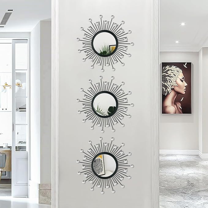 3 Pack Metal Mirrors for Wall Sunburst Wall Mirrors Home Décor Decorative Hanging Wall Art for Living Room Bedroom Entryway (Black Crystal, Sunburst)