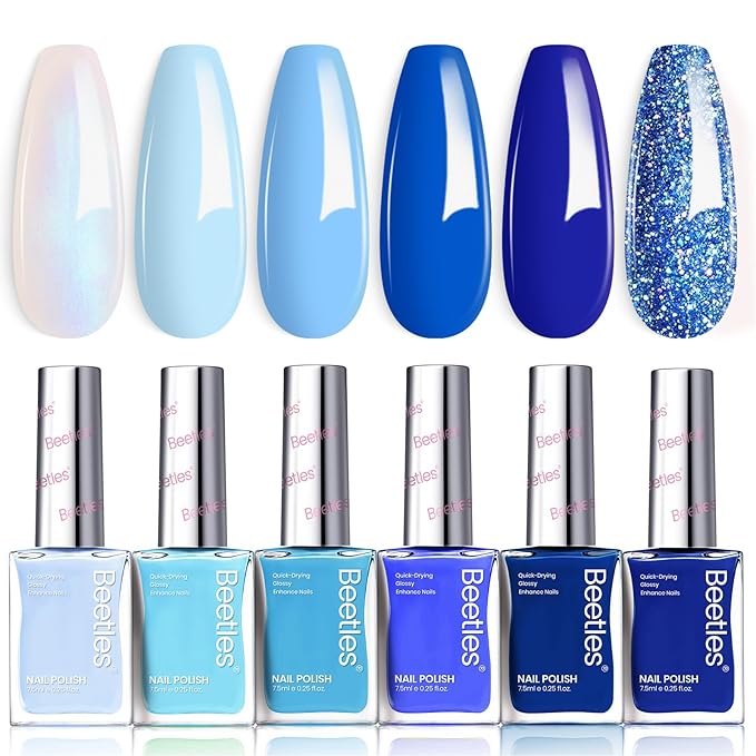 Beetles Blue Nail Polish Set - Ocean Starlight, 6 Corlors Glitter Peal Pastel Nail Polish Blue Quick Dry, Long-Lasting Pastel Nails for Summer & Spring Nails Art Effect for Manicure Salon