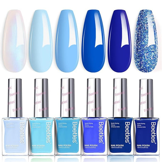 Beetles Blue Nail Polish Set - Ocean Starlight, 6 Corlors Glitter Peal Pastel Nail Polish Blue Quick Dry, Long-Lasting Pastel Nails for Summer & Spring Nails Art Effect for Manicure Salon