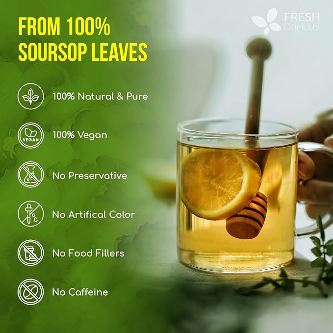 FreshDrinkUS, Premium 33 Soursop Graviola Leaf Tea Bags, 100% Natural & Pure from Soursop Leaves, Hoja Guanabana Herbal Tea. Made with Natural Material Tea Bags. No Sugar, No Caffeine, Vegan.