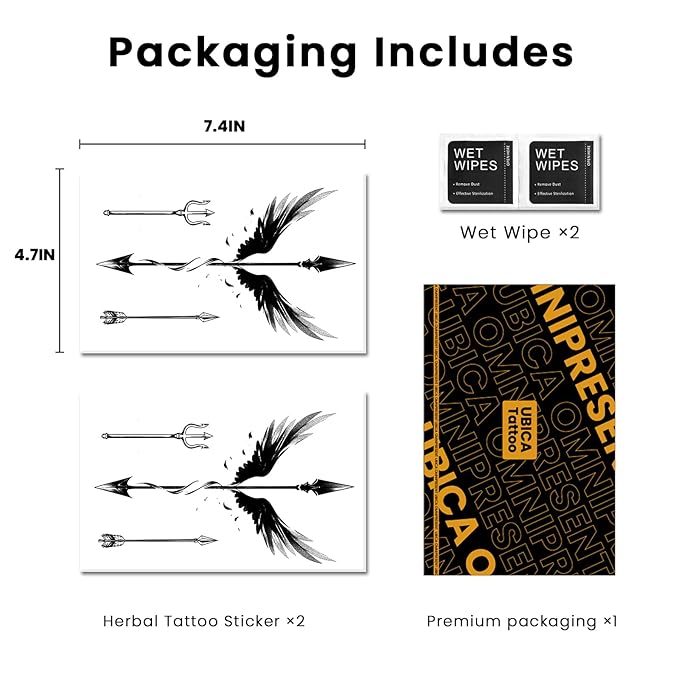 2 Sheets Long Lasting Angel Wing Temporary Fake Tattoos For Men Back,Arrow Trident Semi Permanent Tattoo For Adults Boys,Realistic, Waterproof and Non-Reflective