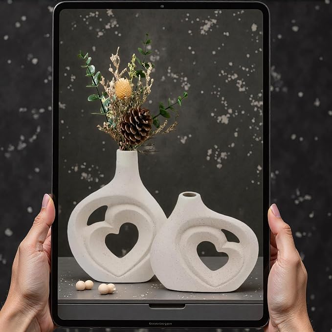 Cream White Ceramic Heart Shaped Vases Set of 2 | 8.5in Nordic Design, For Home Decor, Table Centerpiece, Wedding & Living Room, Bookshelf & Office & Entryway