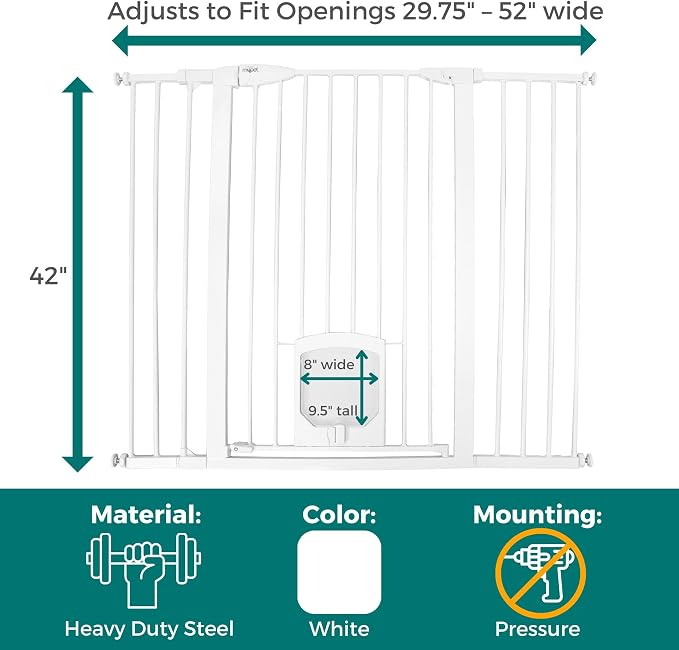 MYPET Extra Tall & Wide Petgate Passage - Metal Pressure Mount Gate with Small Pet Door; 29.75"-52" Wide with Extensions 42" Tall in White