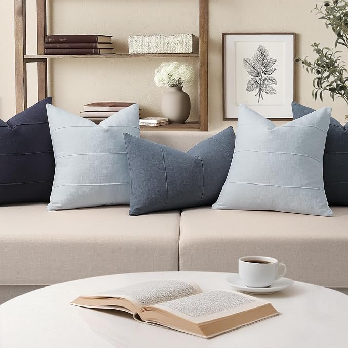 Decorative Linen Throw Pillow Covers 26x26 Set of 2 Solid Handcrafted Striped Cushion Covers for Bed Soft Modern Farmhouse Neutral Pillowcase for Couch Bedroom Living Room Home Decor(Sky Blue)