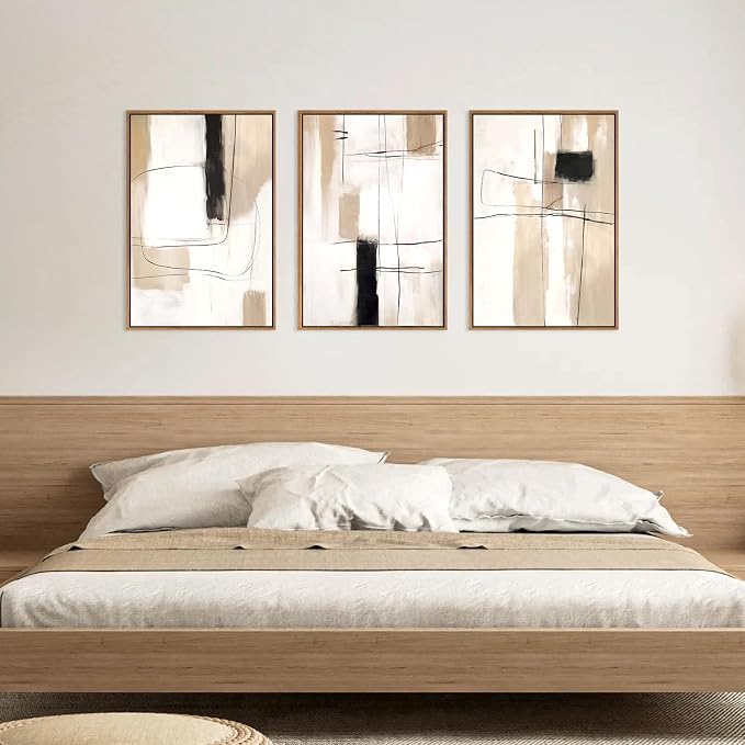 FWIEXA Modern Abstract Canvas Wall Art Set of 3, Framed Neutral Wall Decor, Large Black White Wall Painting, Beige Cream 16x24 Inch Prints Artworks for Living Room, Bedroom, Dining Room, Office