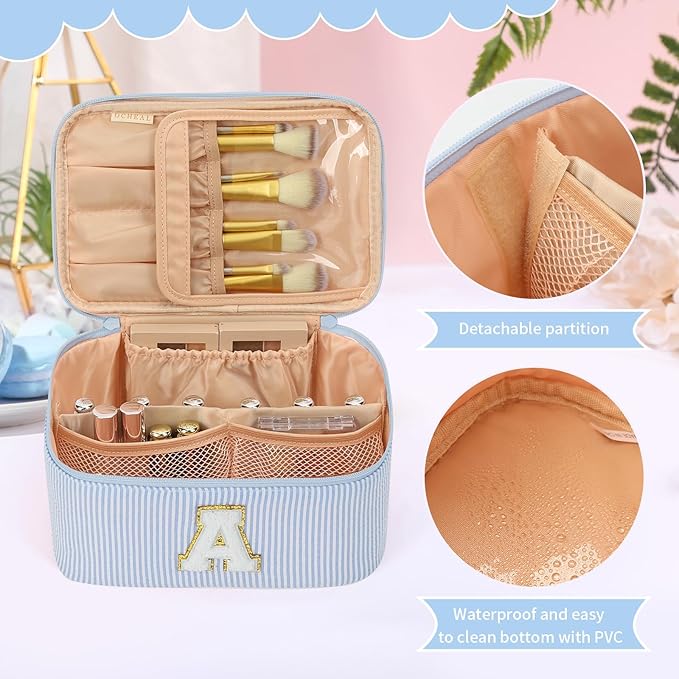 OCHEAL Makeup Bag Valentines Day Gifts for Women, Monogram Cosmetic Bag Blue Travel Makeup Case Beauty Toiletry Bag Organizer Personalized Gifts for Girls Bridesmaid, Sister, Wife, Friends Initial A
