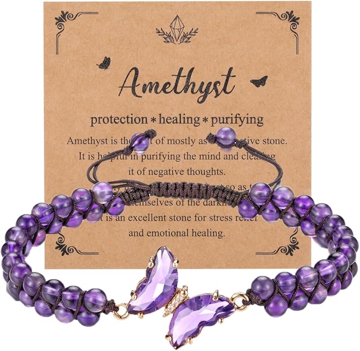 Top Plaza Amethyst Bracelet Healing Crystal Stone Bracelet for Women 8mm Crystal Beads Butterfly Charms Stretch Bracelet Handmade Energy Gemstone Bracelet Jewelry