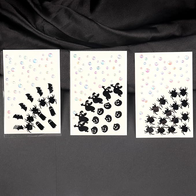 Halloween Black Face Stickers Gems for Makeup, 3 Sheets Spooky Spider Witch Bat Face Glitter Rhinestone jewels, Self Adhesive Face Eye Nail Body Gems Stick on for Boo Rave Festival Accessories