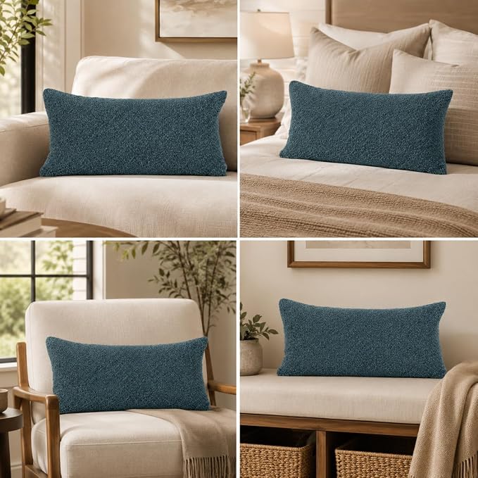 JoraLion 14x24 inch Boucle Lumbar Pillow Cover, Dusty Blue Woven Texture Neutral Long Pillow Cover Breathable Cushion Case for Couch Sofa Bed Living Room Home Decor (Cover Only)