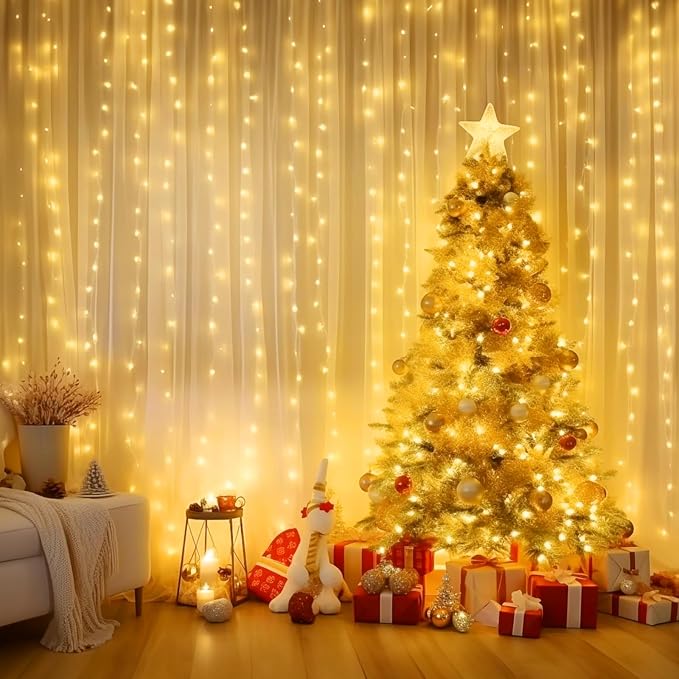 Minetom Curtain Lights, 300 LED Dimmable Fairy Lights with Remote and Timer, 8 Modes, USB Powered String Lights for Room Wall Party Xmas Indoor Decor, Warm White, 2 Pack