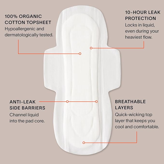Cora 100% Organic Cotton Topsheet Pads Maxi Overnight Pads (24 Count)
